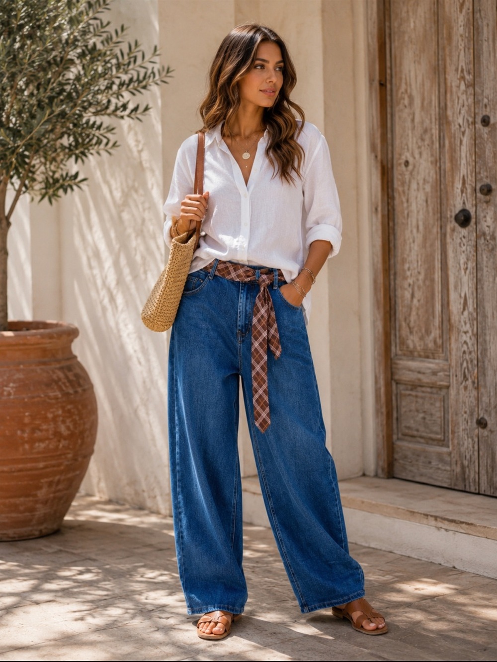FROM PARIS FRANCE ShopEvelynne Blue Wide Leg Jeans with Plaid Brown Belt